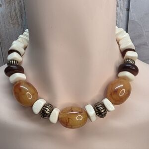 Daulaisse Bone & Horn Statement Necklace Chunky Safari 80s Boho Natural Beads